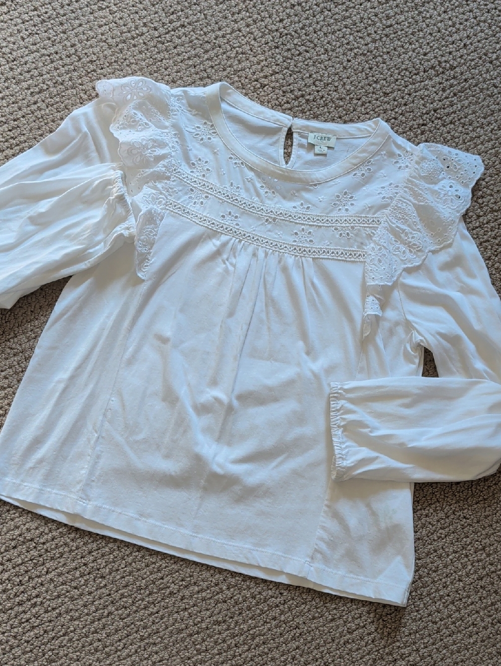 White Eyelet Ruffle Long Sleeve Tee Ruffle Sleeves J Crew L Babydoll